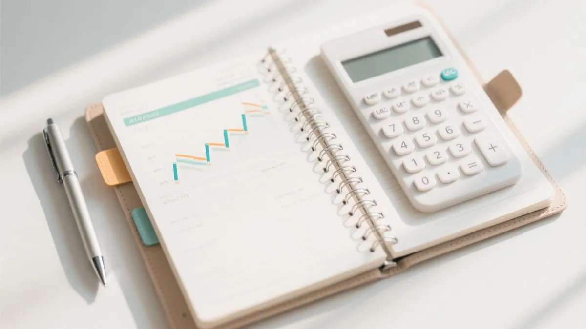 奖金规划：记事本、计算器与笔的宁静桌面，体现冷静与秩序